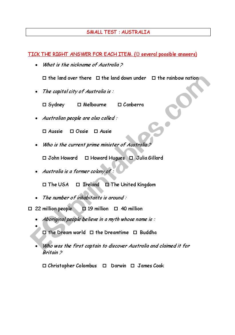 SMALL TEST AUSTRALIA webquest worksheet