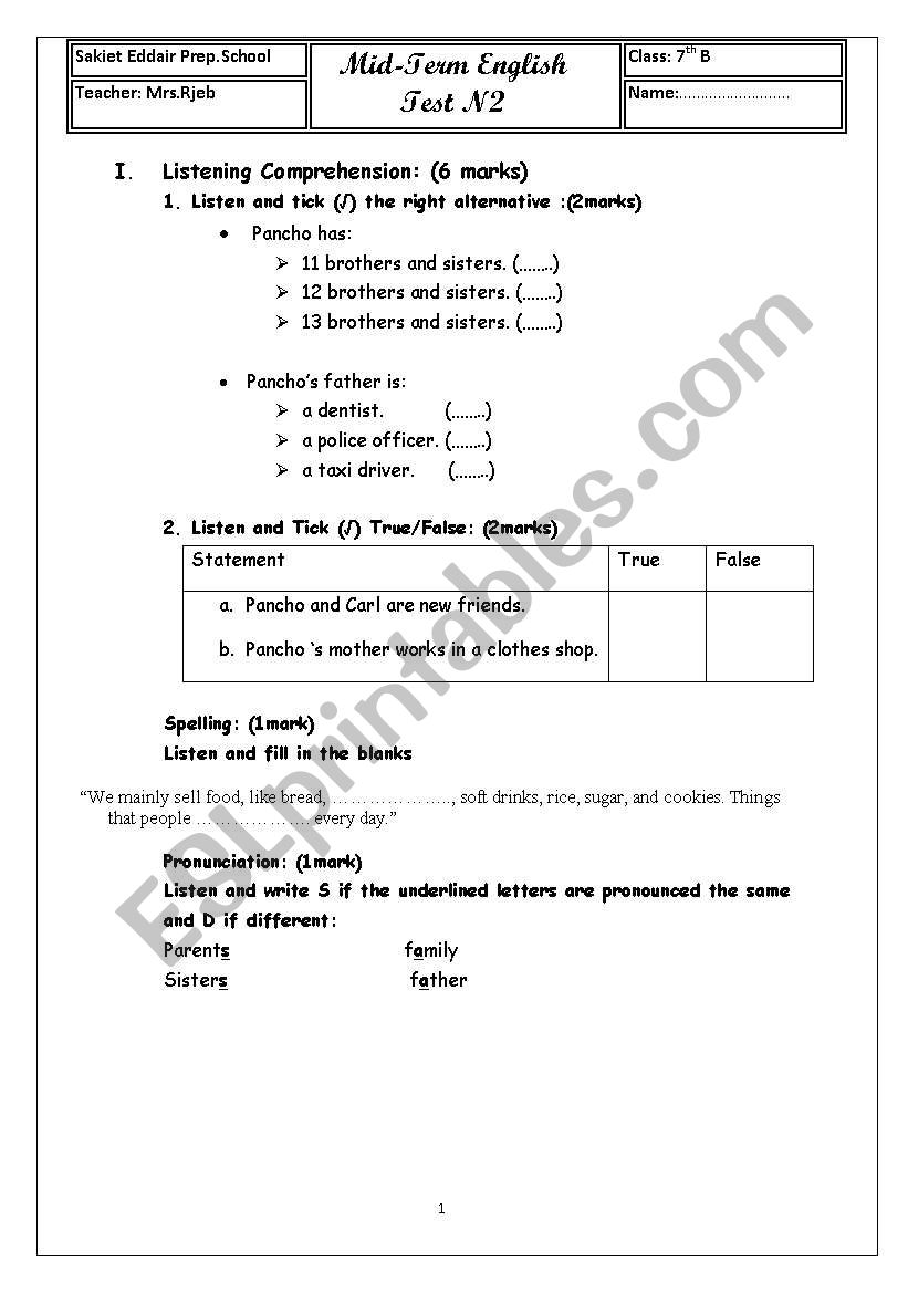 English ordinary test worksheet