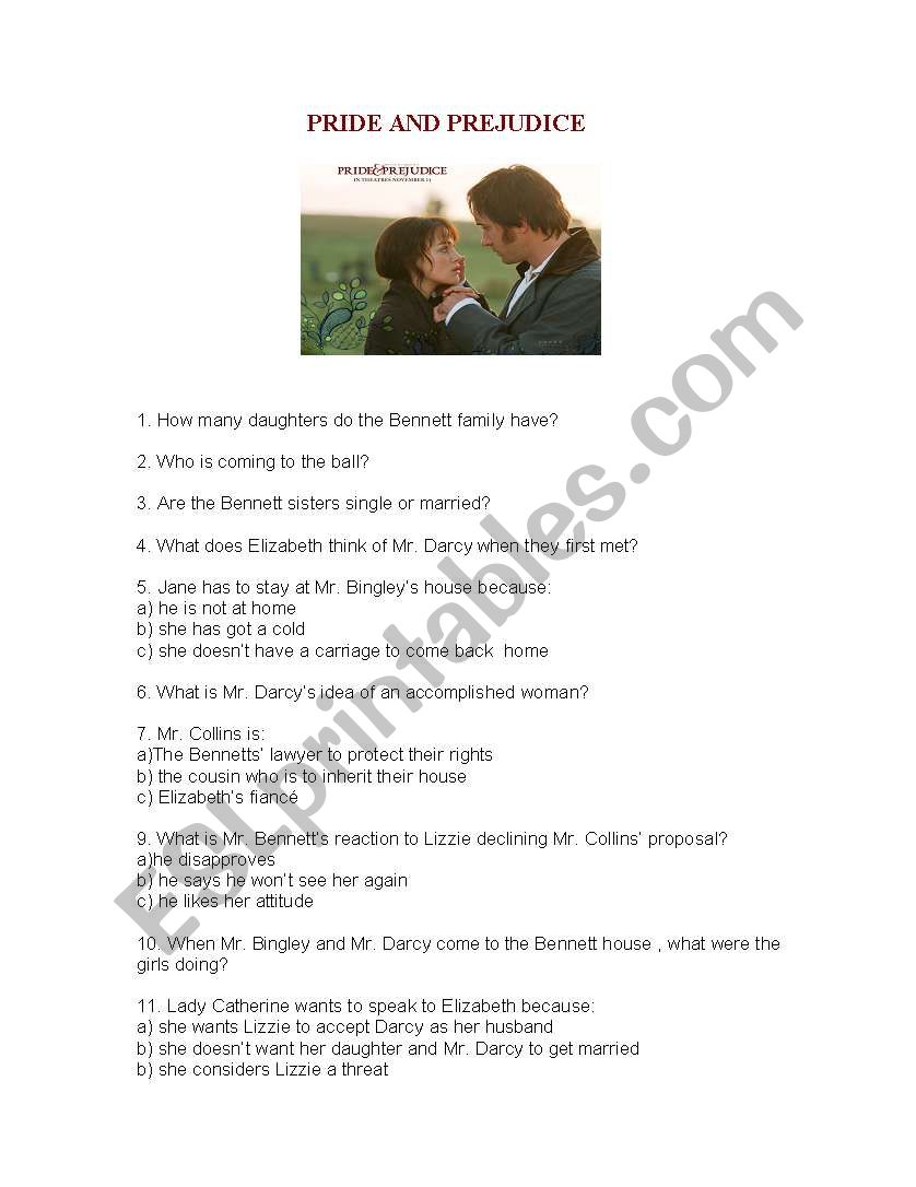Pride and Prejudice worksheet