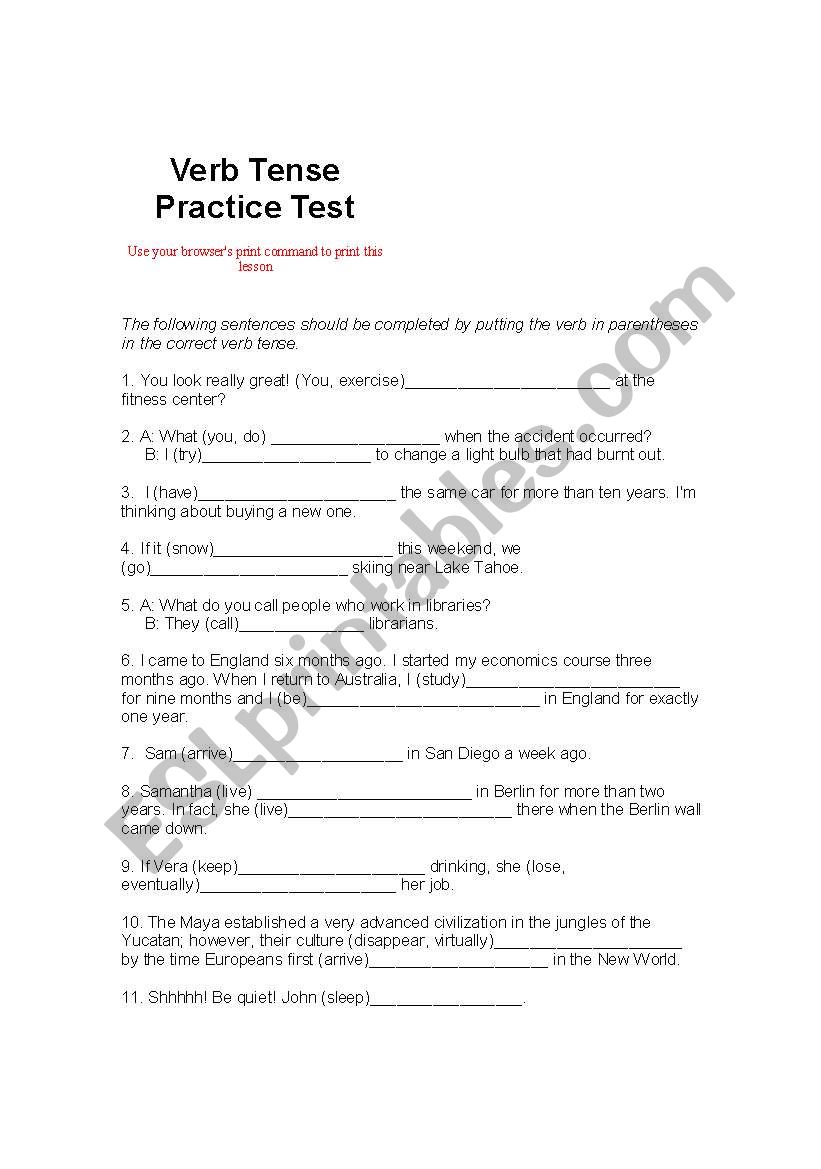 verb test worksheet