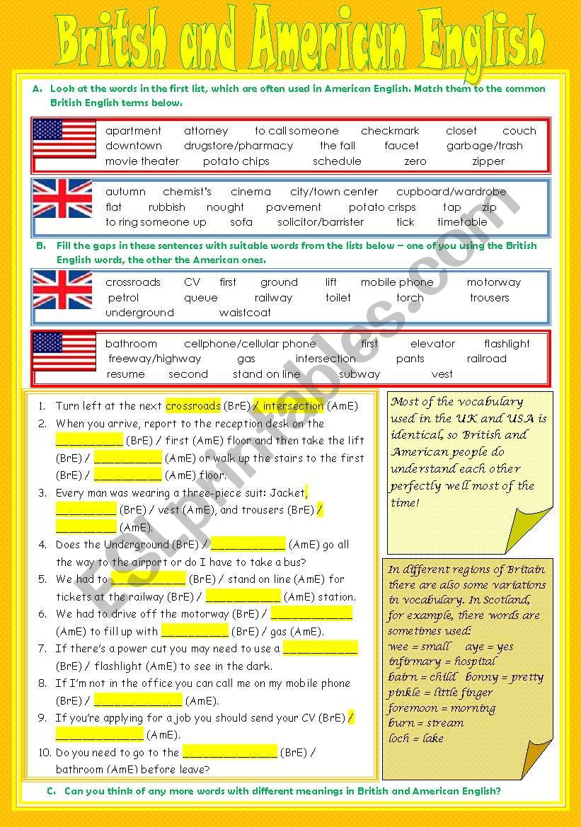 British and American English (with answer keys)