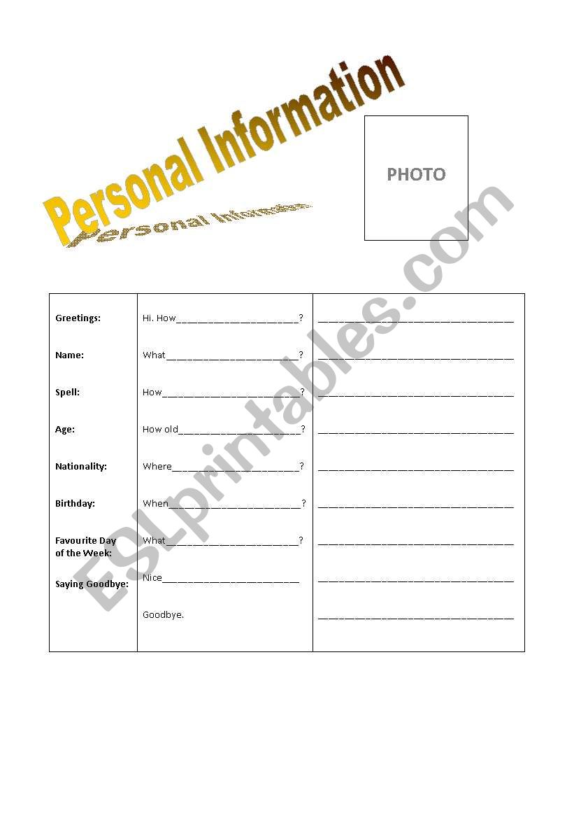 Personal Information Board worksheet