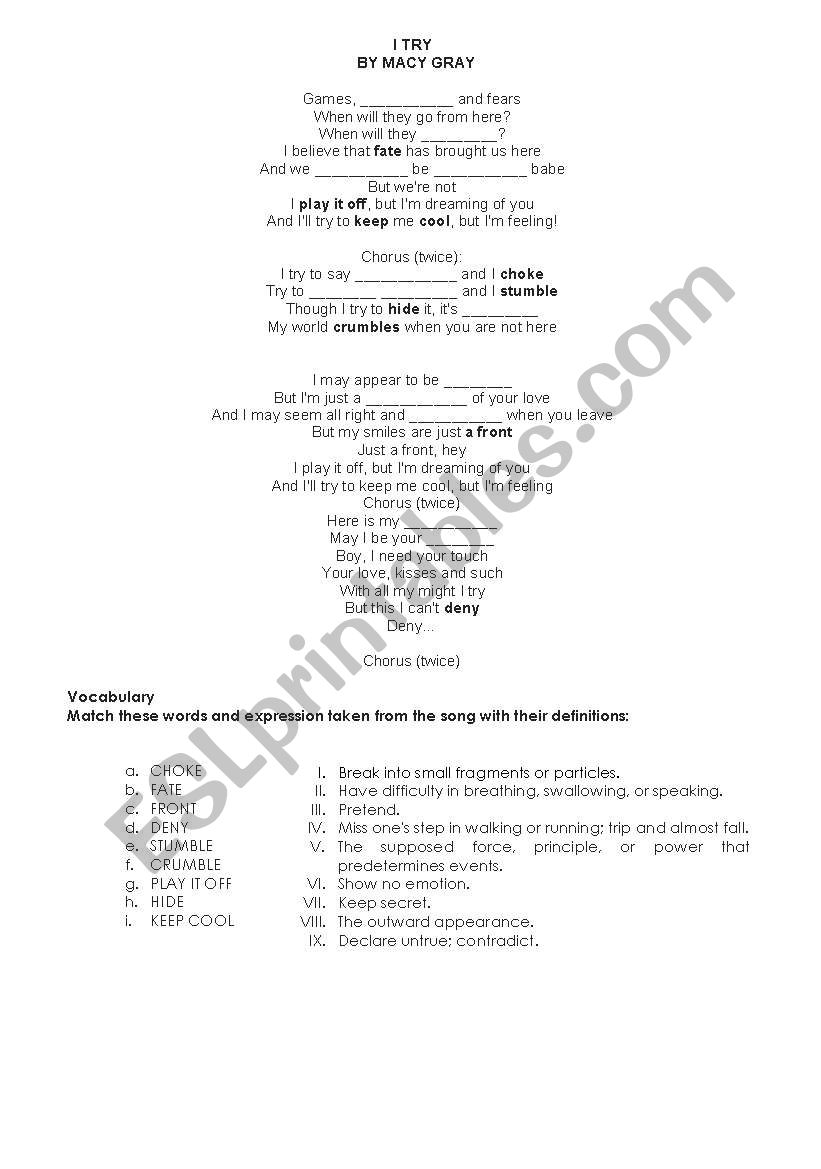 Song: I  TRY  by Macy Grey worksheet