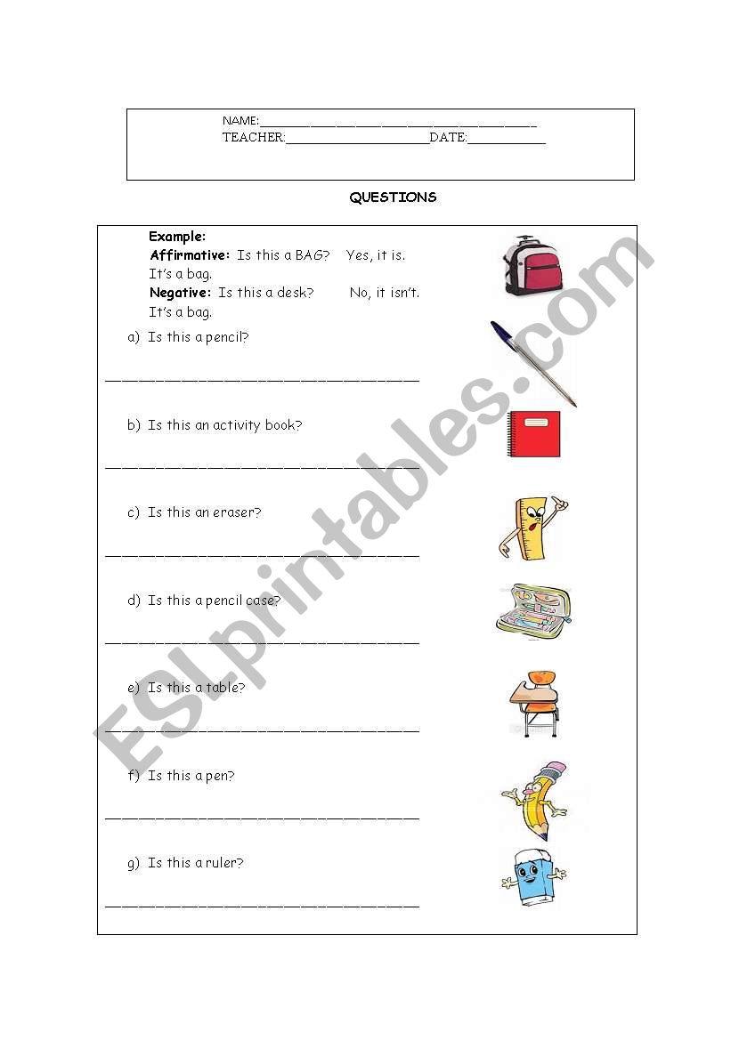 Yes/ no questions about shool objects