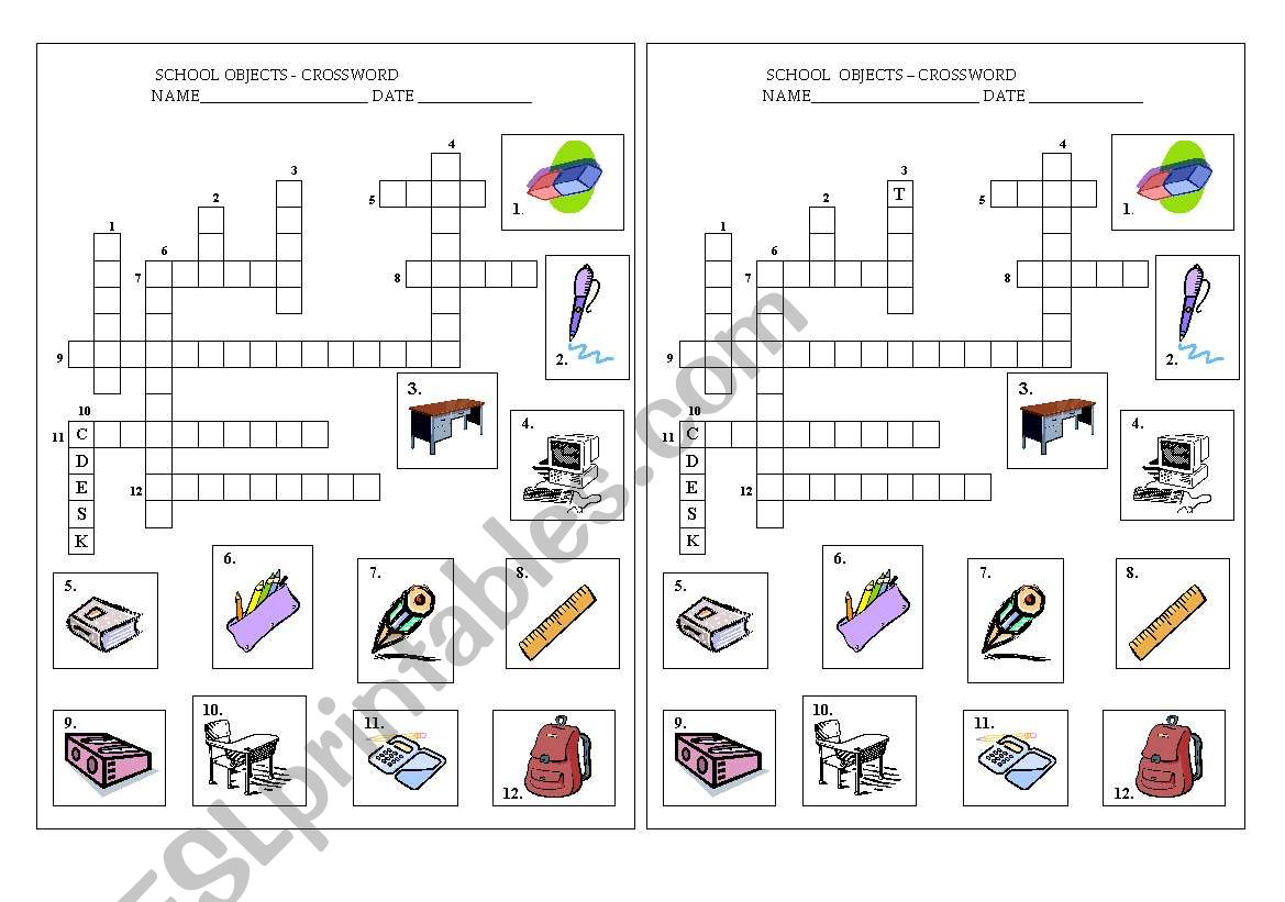 School Objects Crossword worksheet