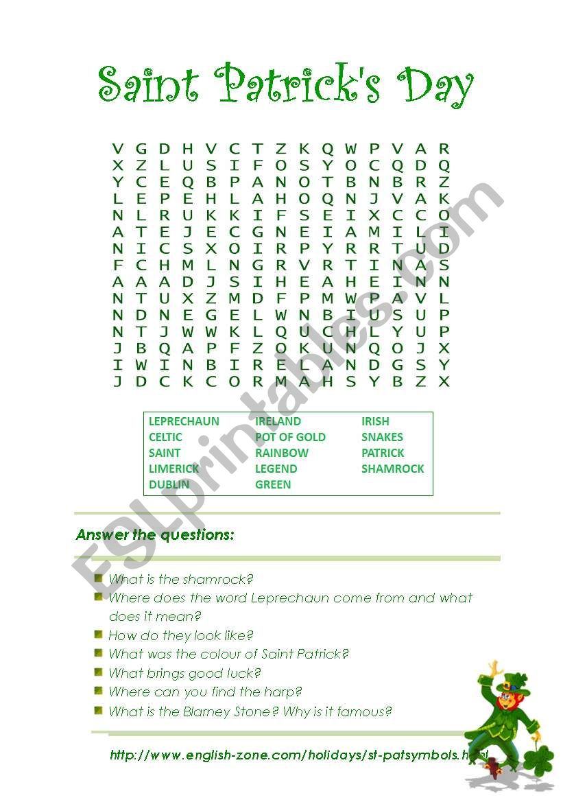 Saint Patricks Day wordsearch and treasure hunt