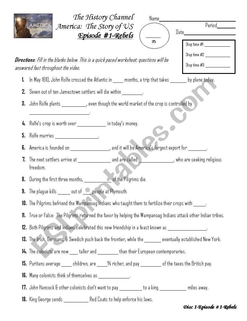 History Channel-Story of US worksheet