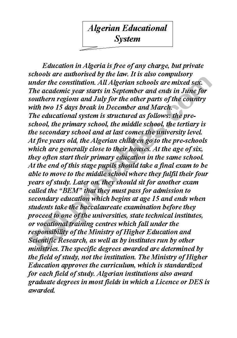 the education in algeria worksheet