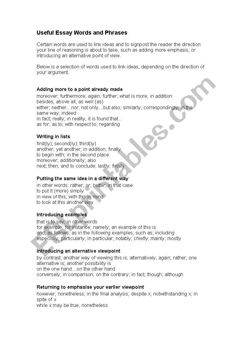 Useful Essay word and frases worksheet