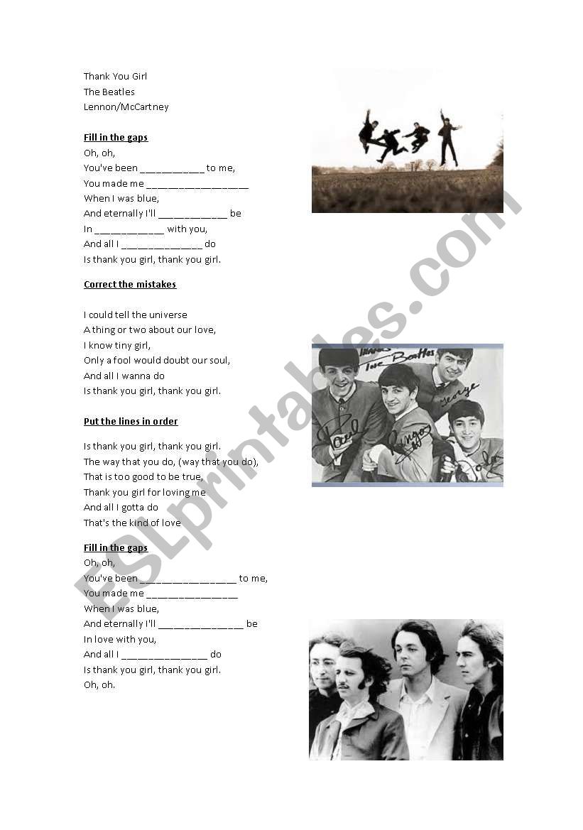 Thank you Girl  (The Beatles) worksheet