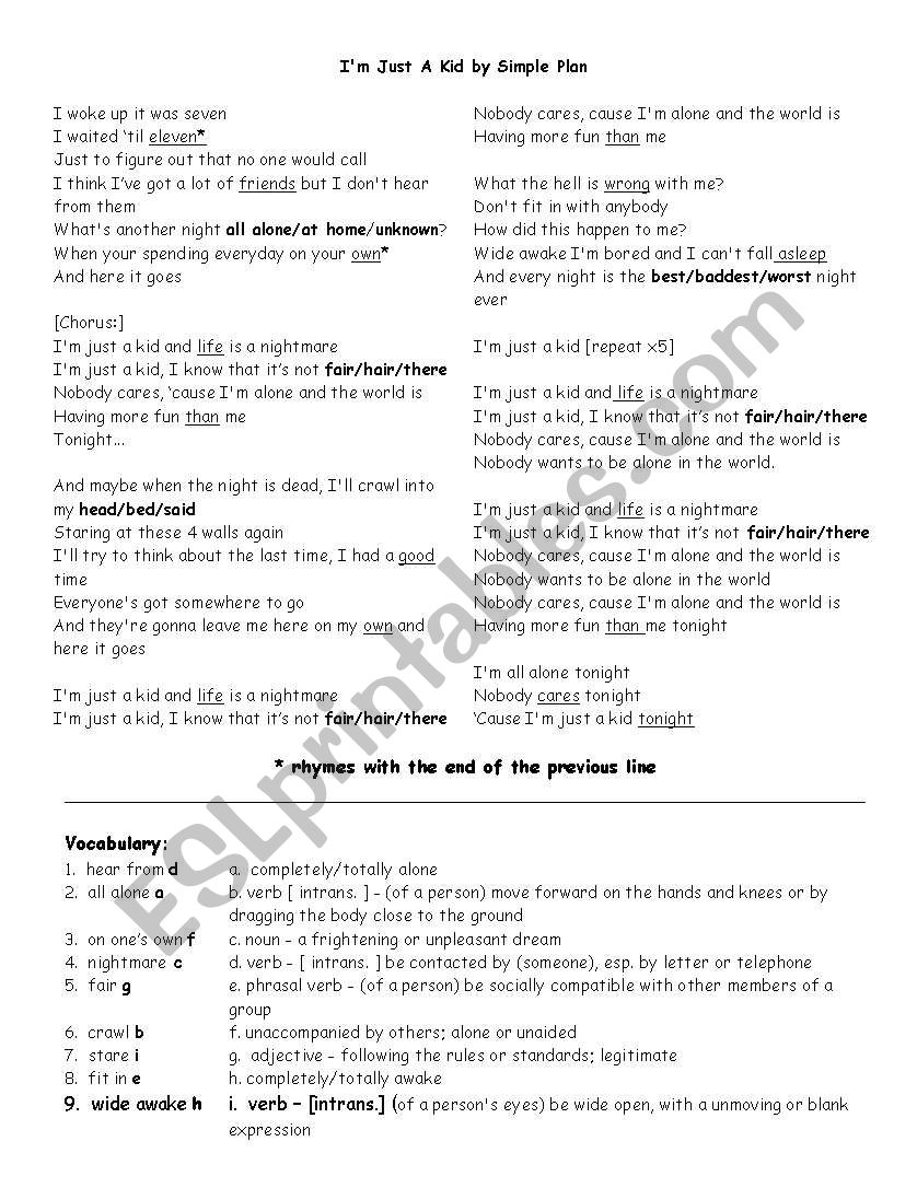 Im Just a Kid by Simple Plan worksheet