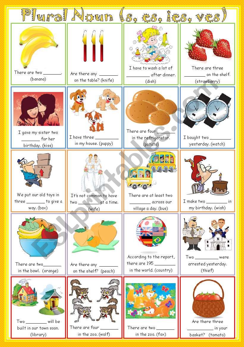 Plural Nouns (s, es, ies & ves + answer keys included)