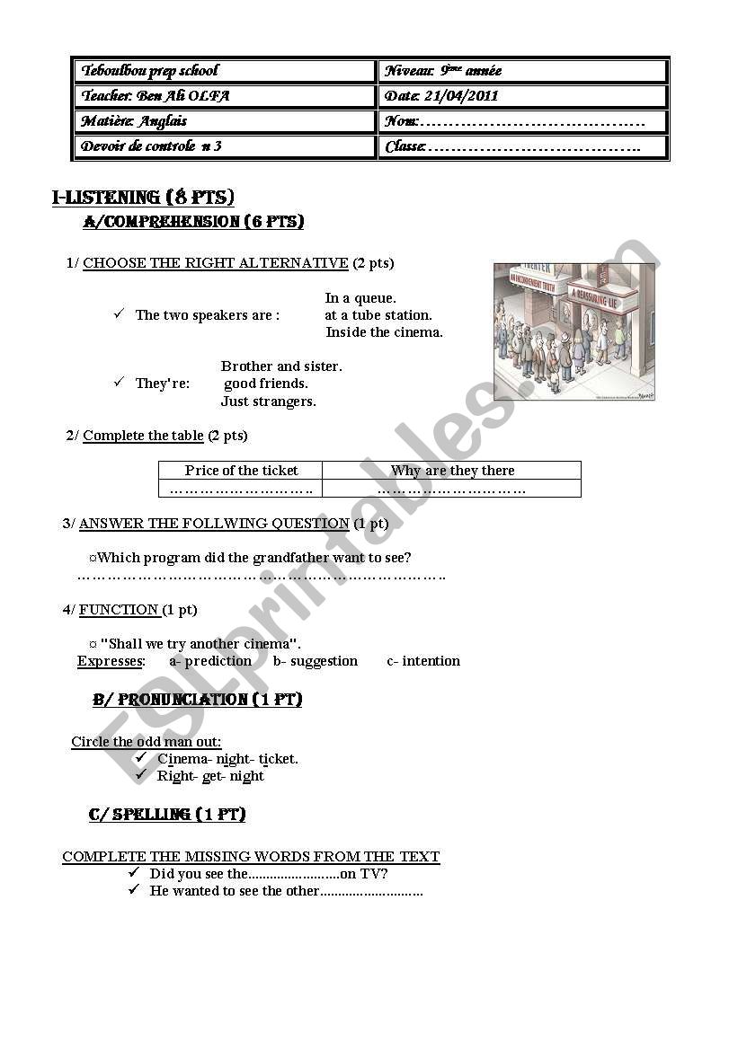 test 9th form  worksheet