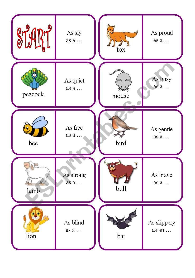 Animals similes dominoes worksheet