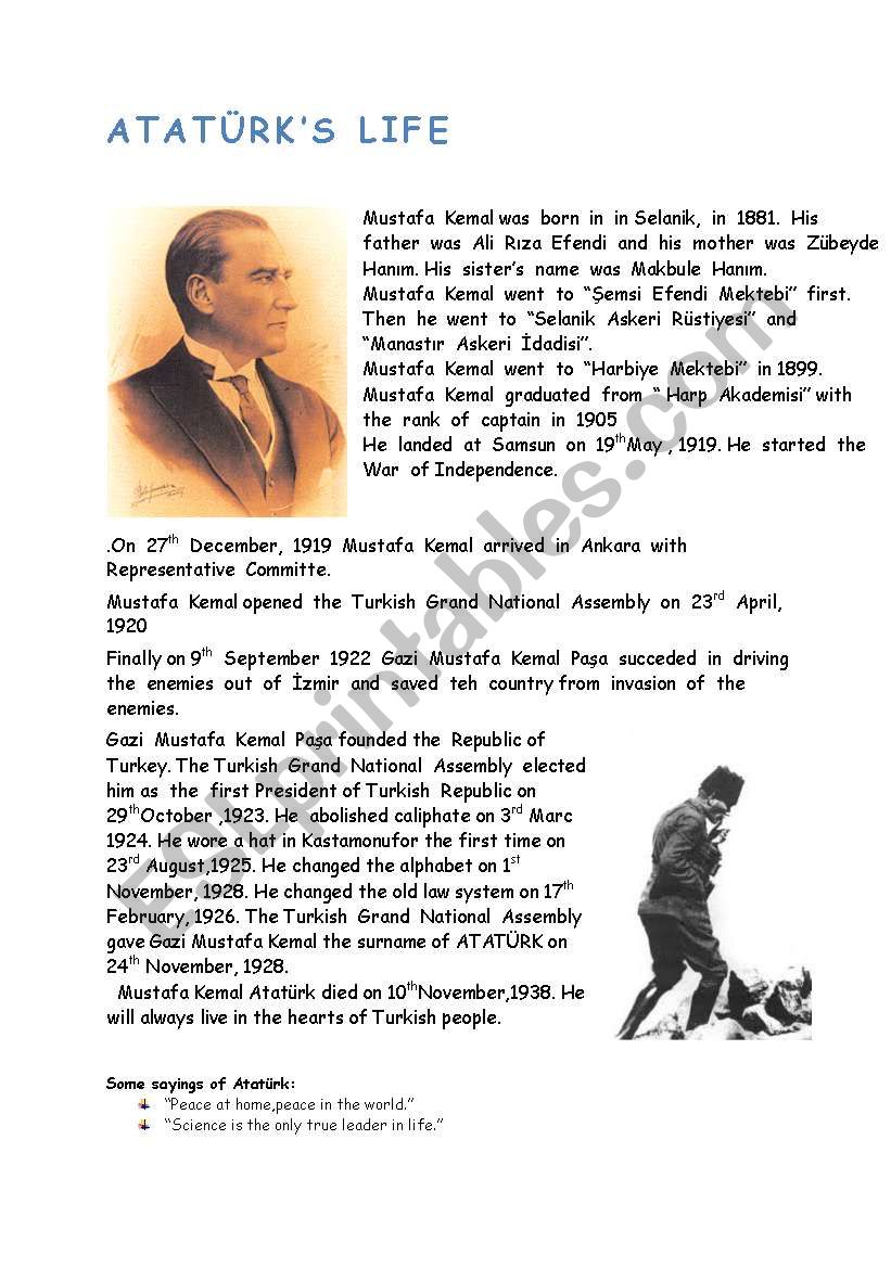AtatÃ¼rkÂ´s life worksheet