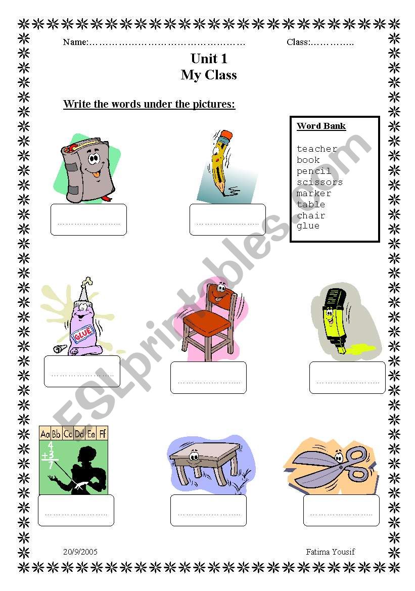 classroom objects worksheet