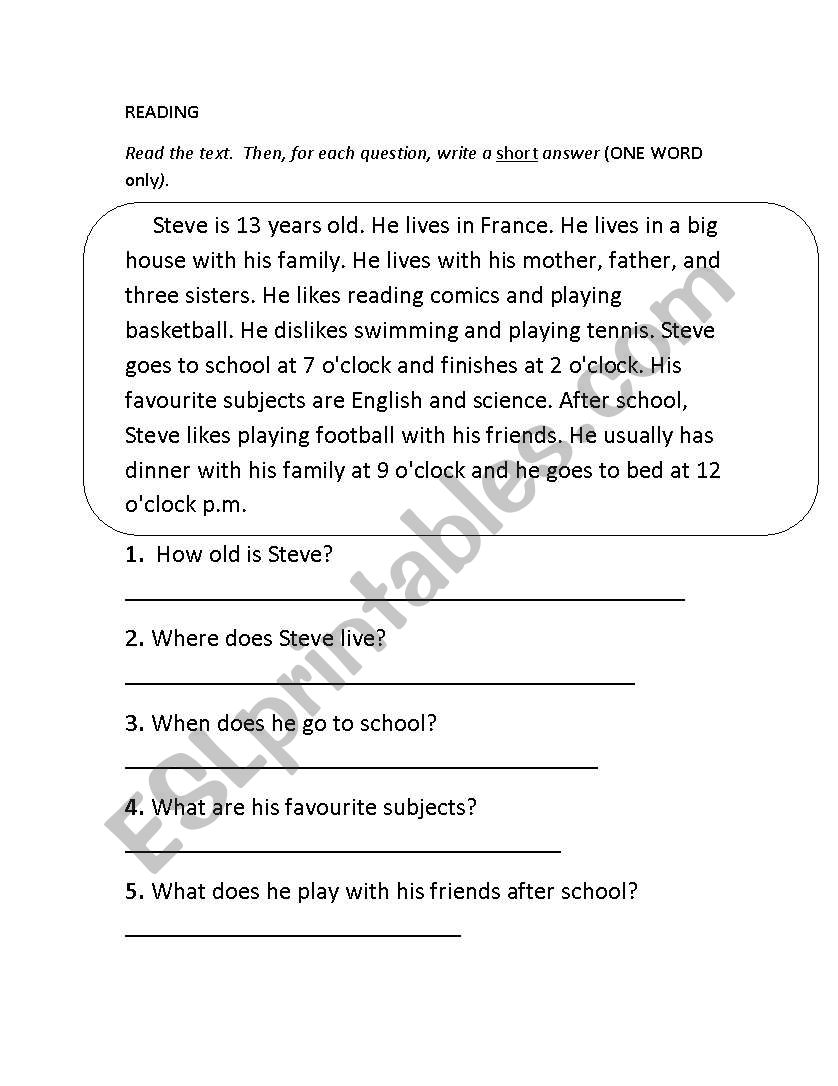 reading activity worksheet