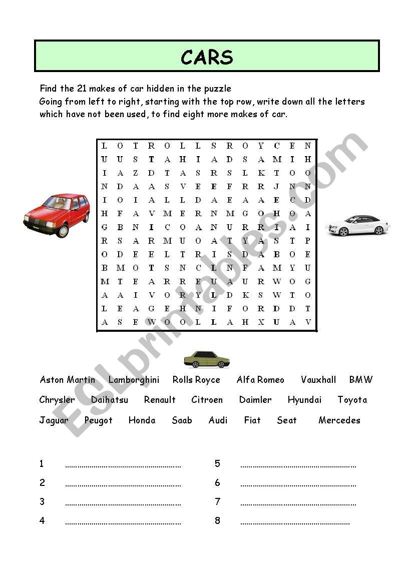 cars  worksheet