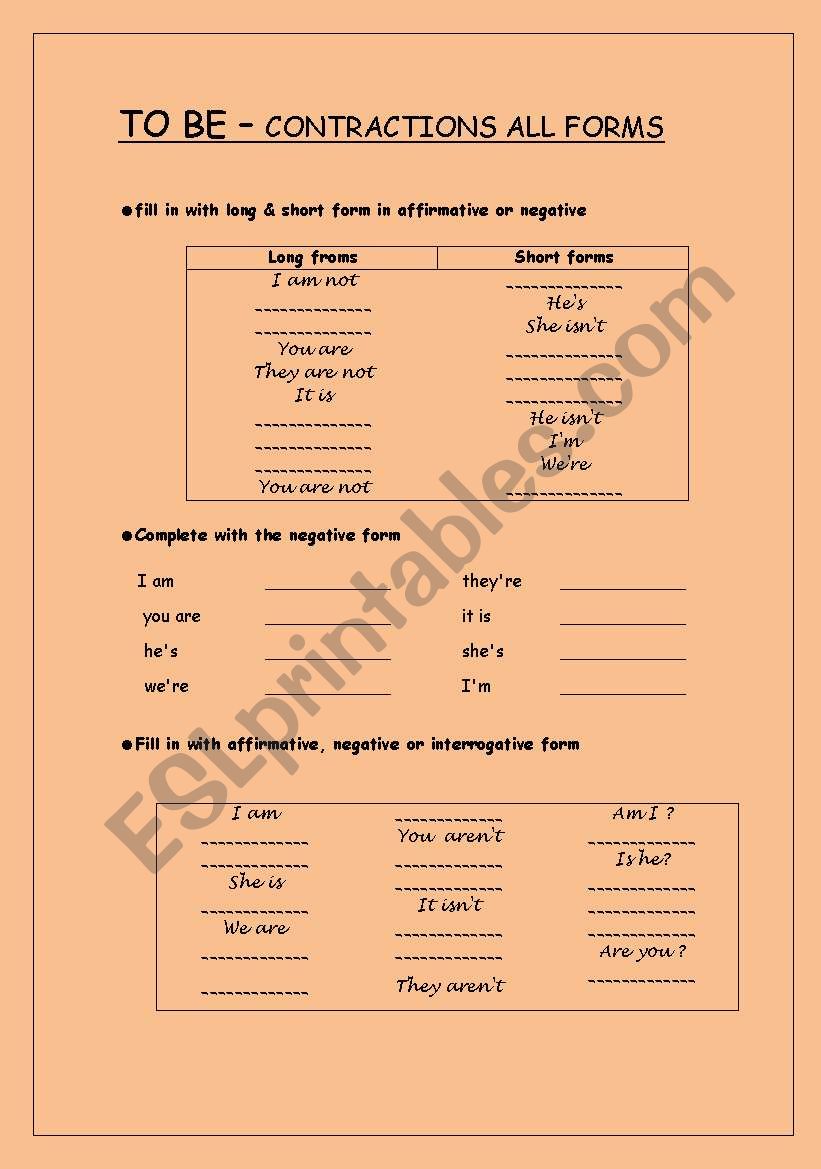 To Be - CONTRACTIONS in all forms - Special Needs