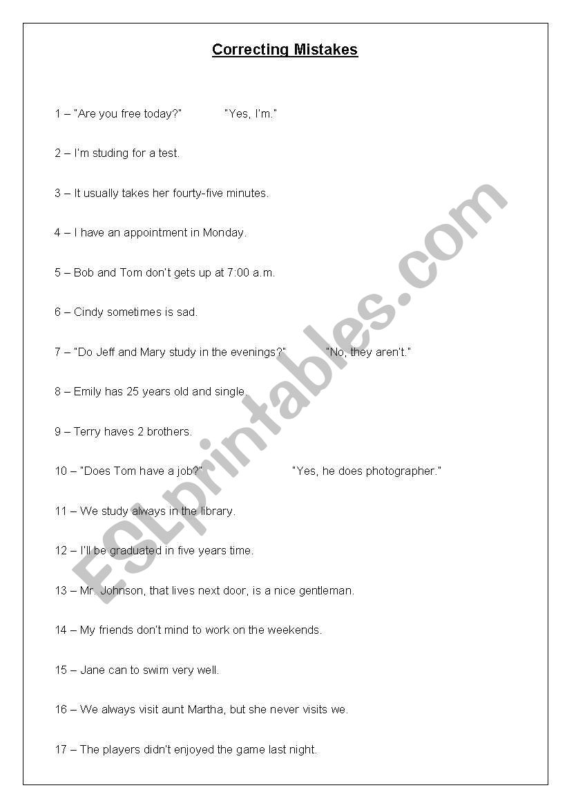 Correcting Mistakes worksheet