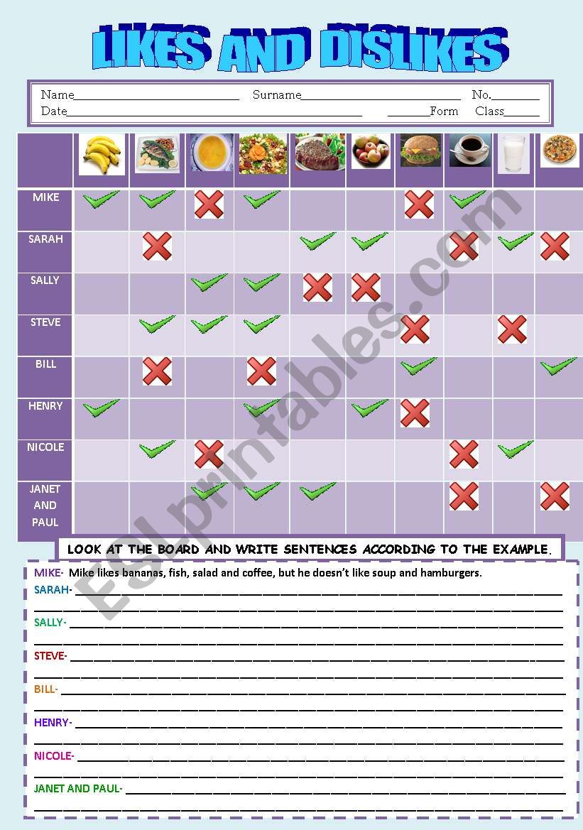 Likes and Dislikes worksheet