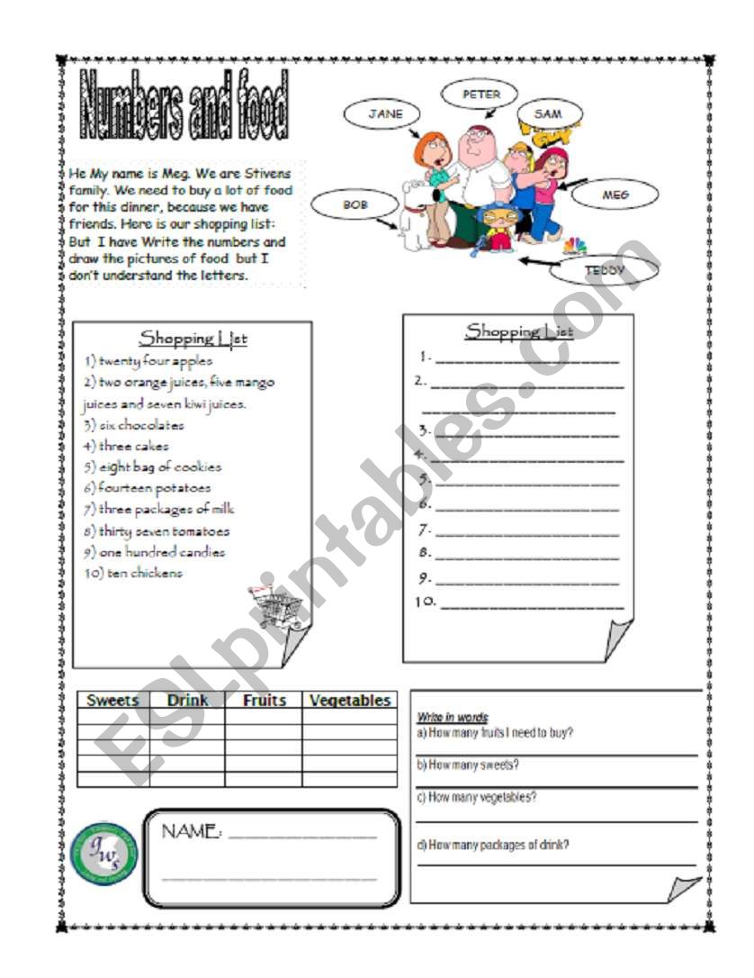 Number and Food worksheet