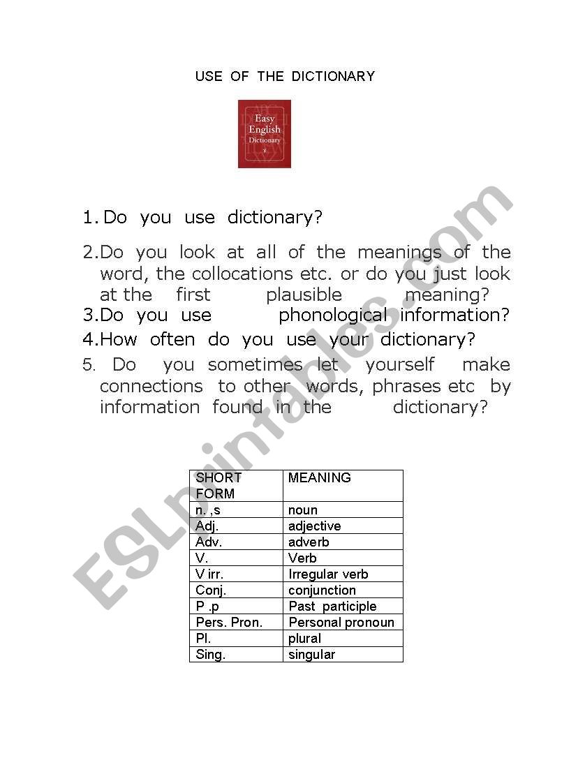 Use  of  the  dictionary worksheet