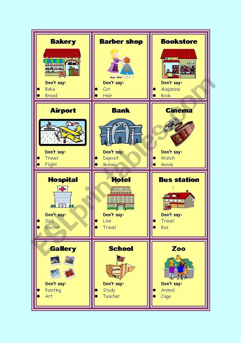 Taboo cards - Places in city worksheet