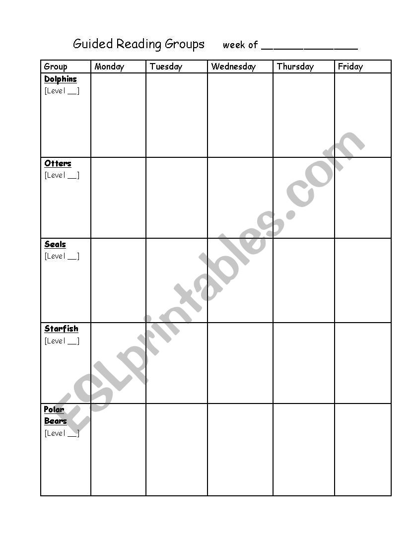 Reading Group Weekly Plan worksheet