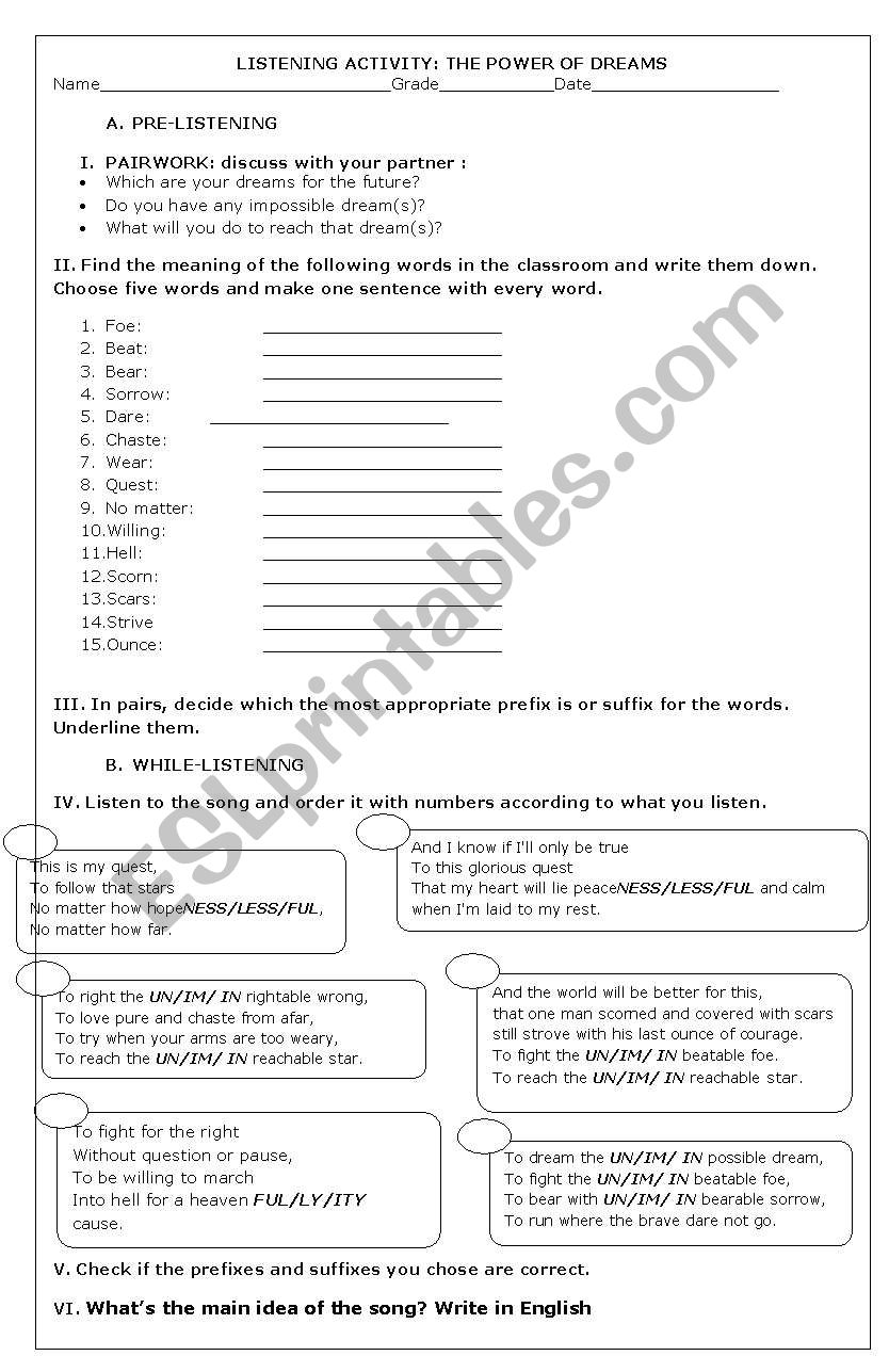 THE POWER OF DREAMS worksheet