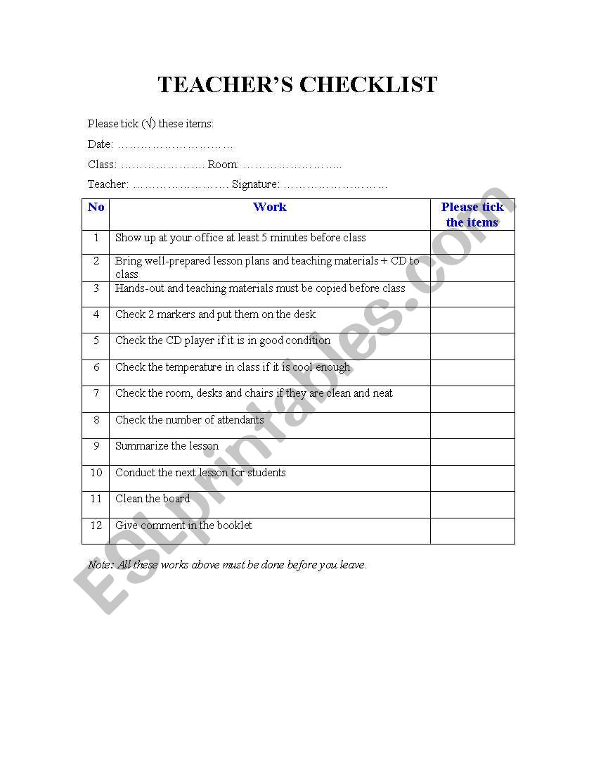 Teacher Checklist worksheet