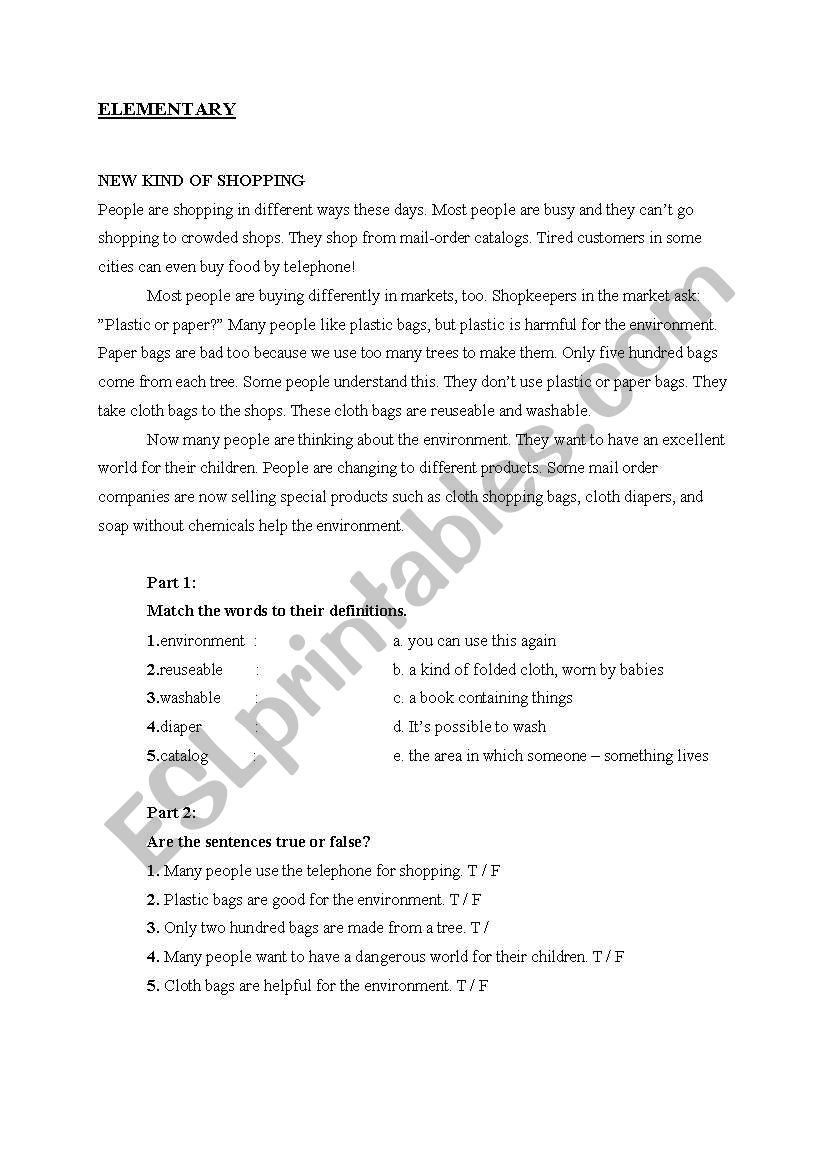 Shopping worksheet