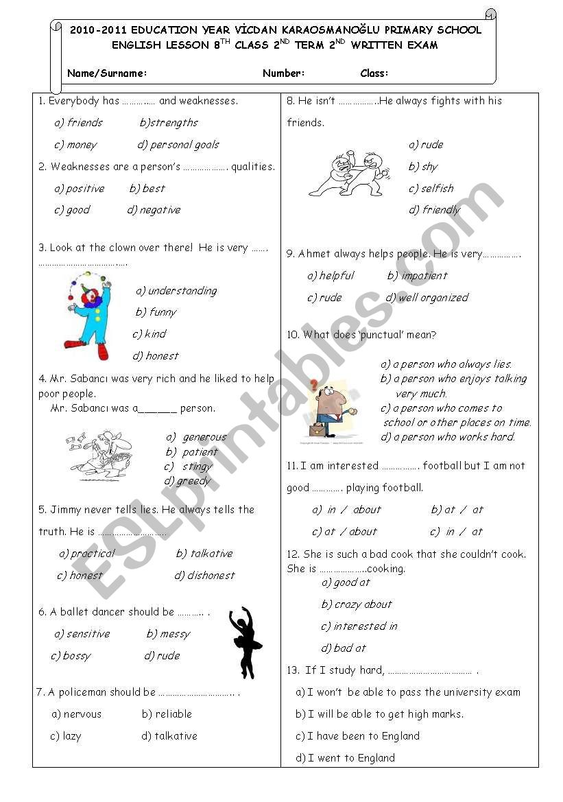 Second term second written exam for 8th classes (ENGLISH NET)