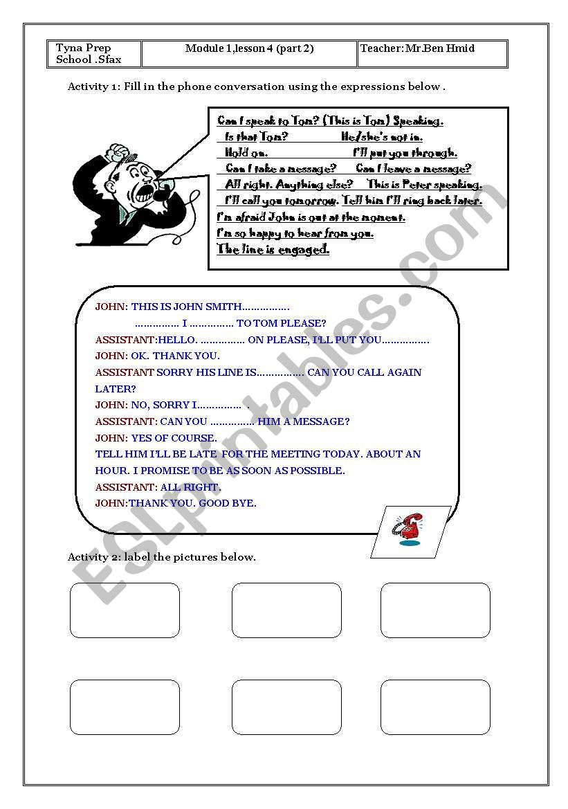 phone conversation  worksheet