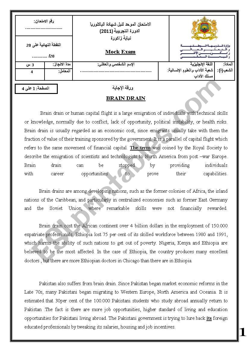 A BACCALAUREATE MOCK EXAM For  Human science Stream (BRAIN DRAIN)