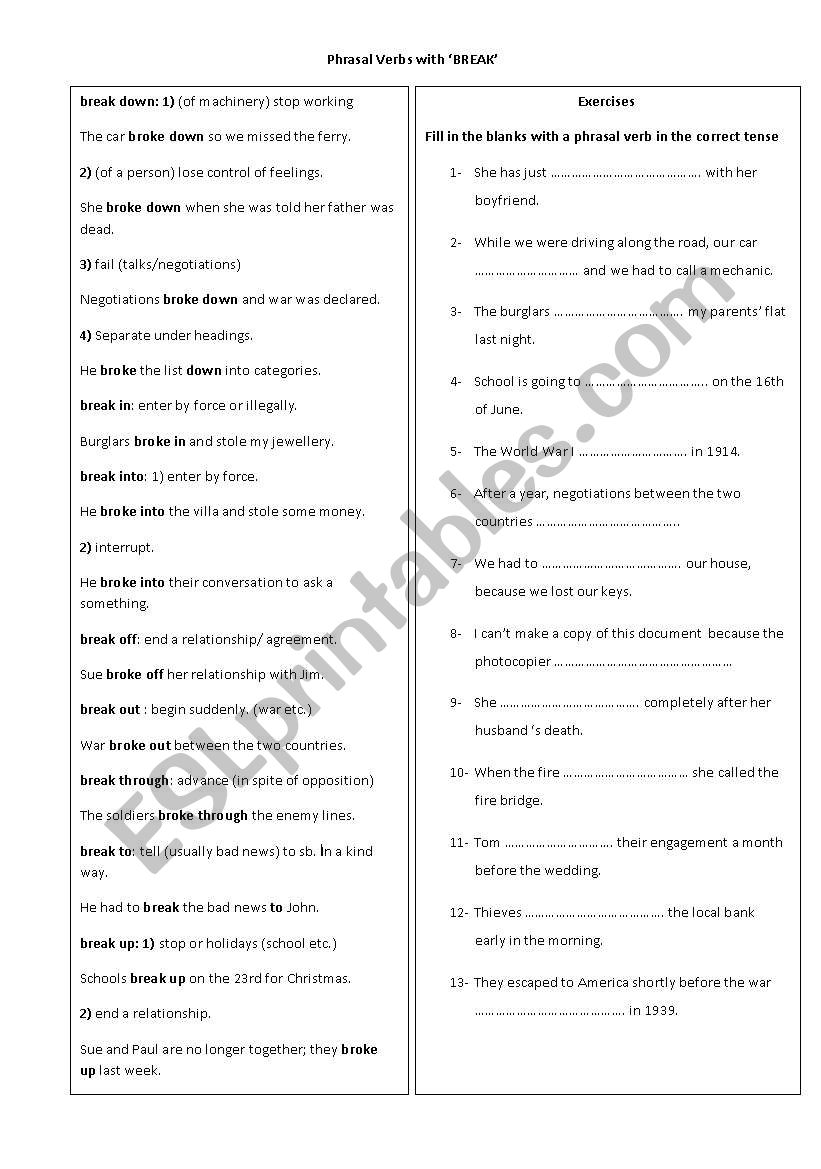 PHRASAL VERBS with BREAK worksheet