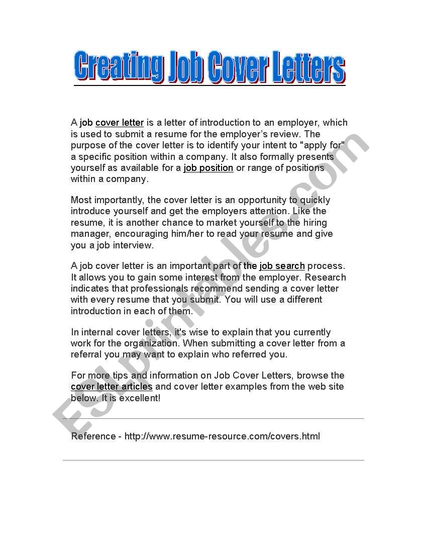 Assisting Students in Creating Job Cover Letters - Reading, Example Worksheet to Practice