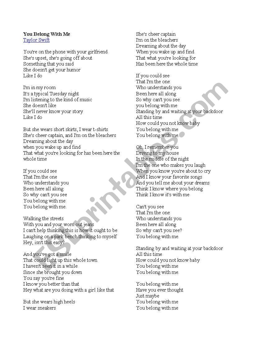 You belong with me worksheet