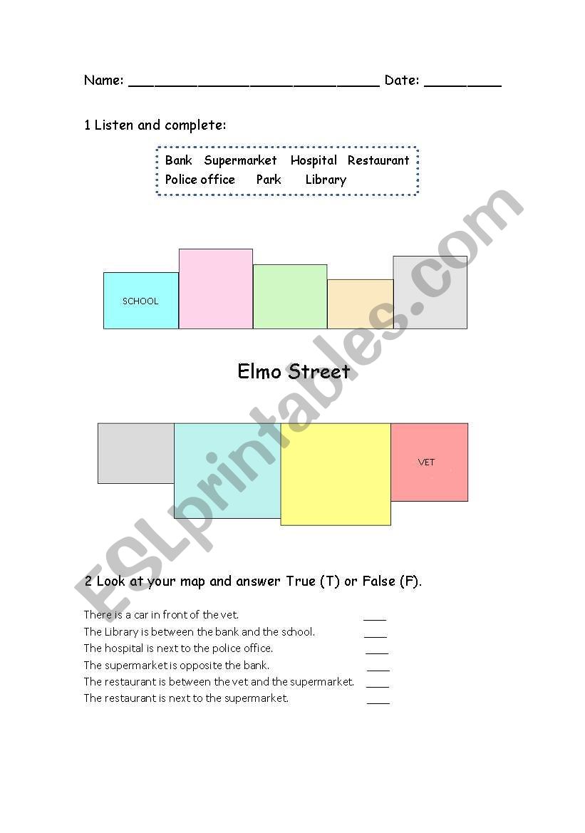 Prepositions in town worksheet