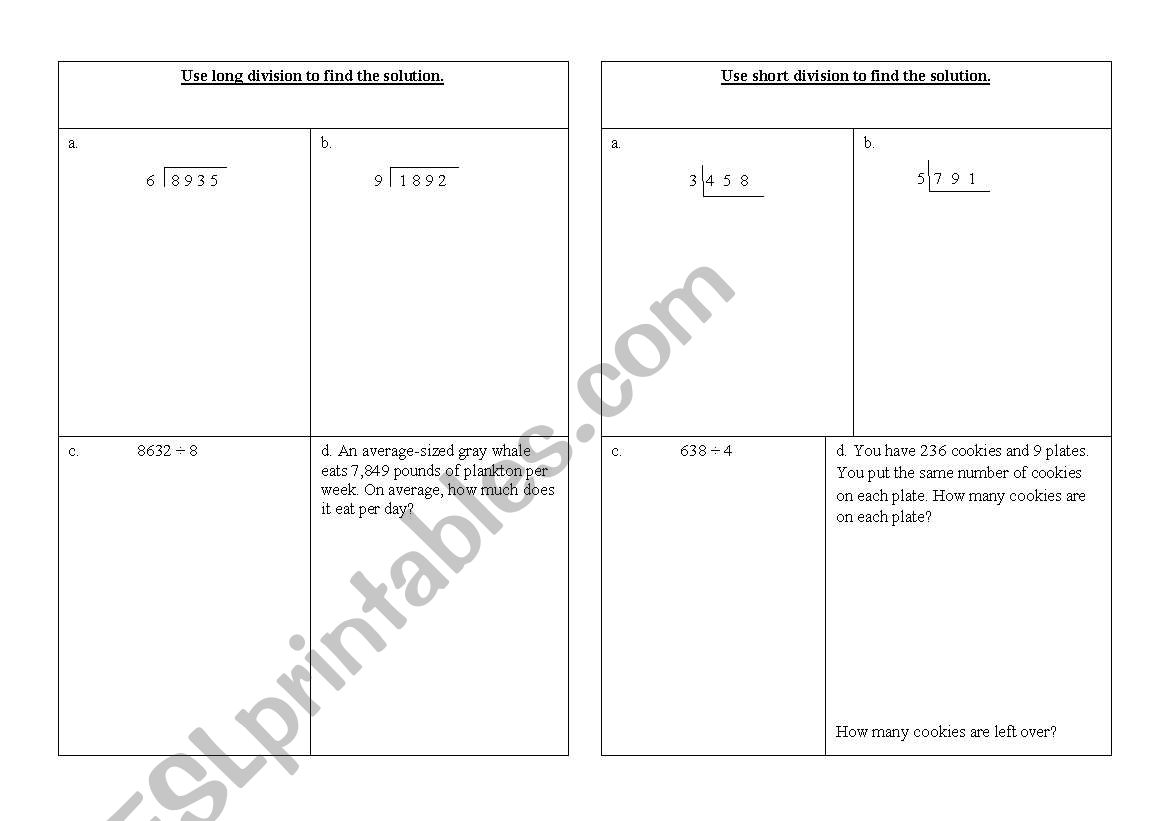long and short division worksheet
