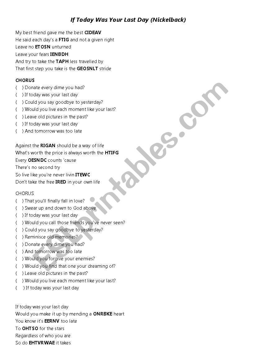 If Today was Your Last Day worksheet