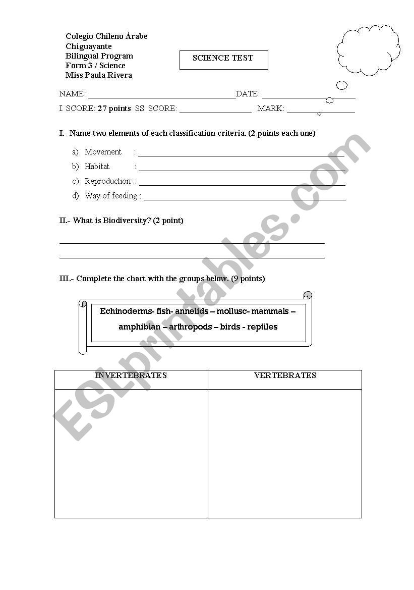 A science test about vertebrates and invertebrates