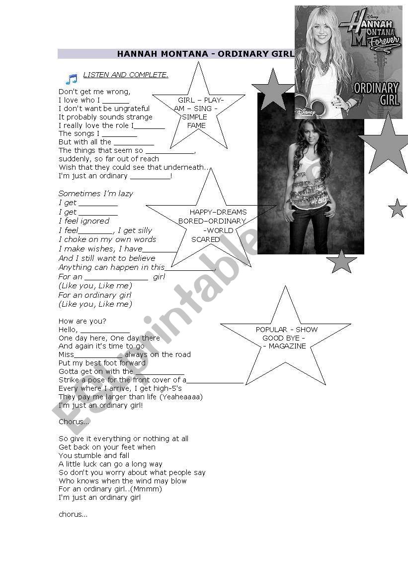 ORDINARY GIRL SONG worksheet