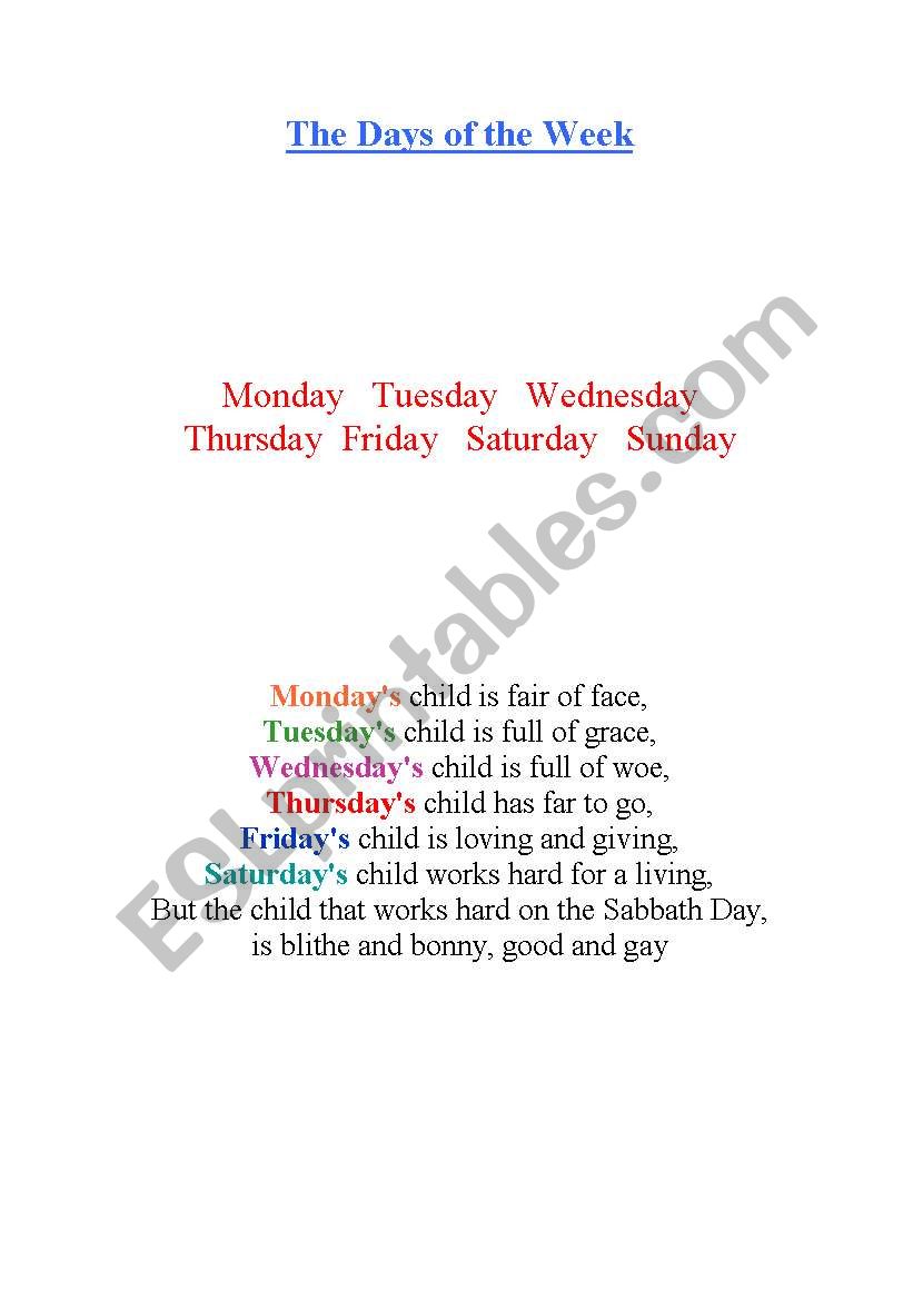 The days of the Week worksheet