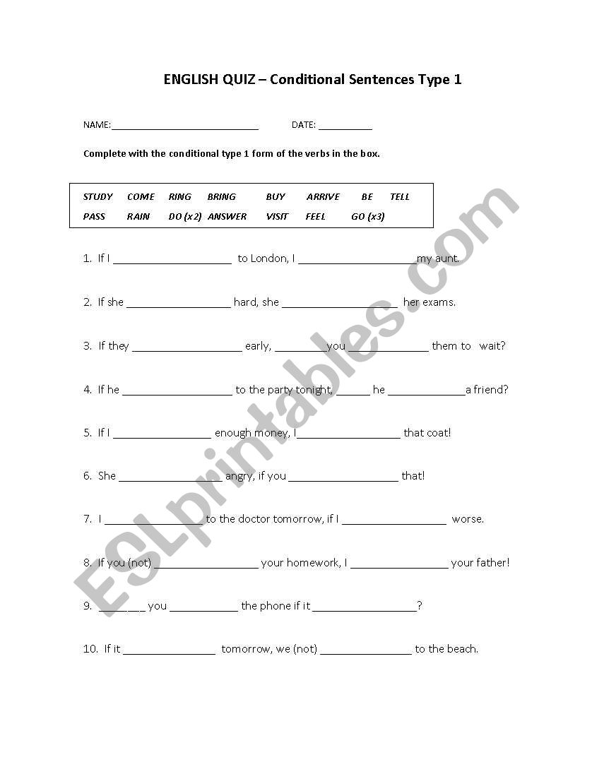 Conditional sentences type 1 worksheet