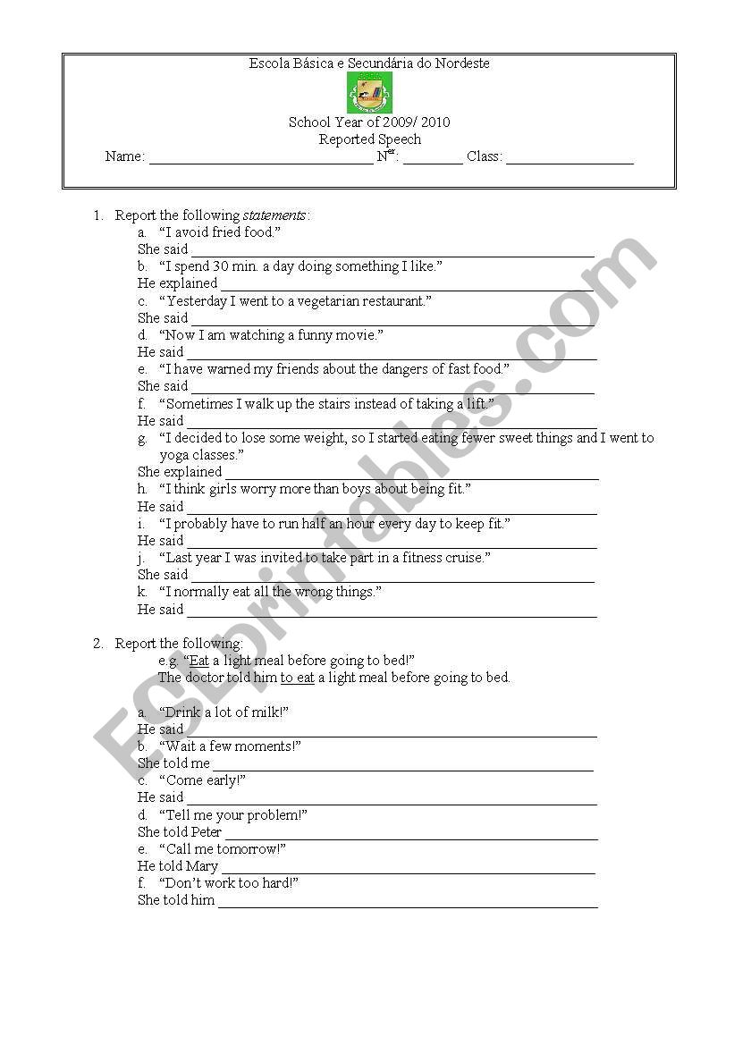 Reported Speech worksheet