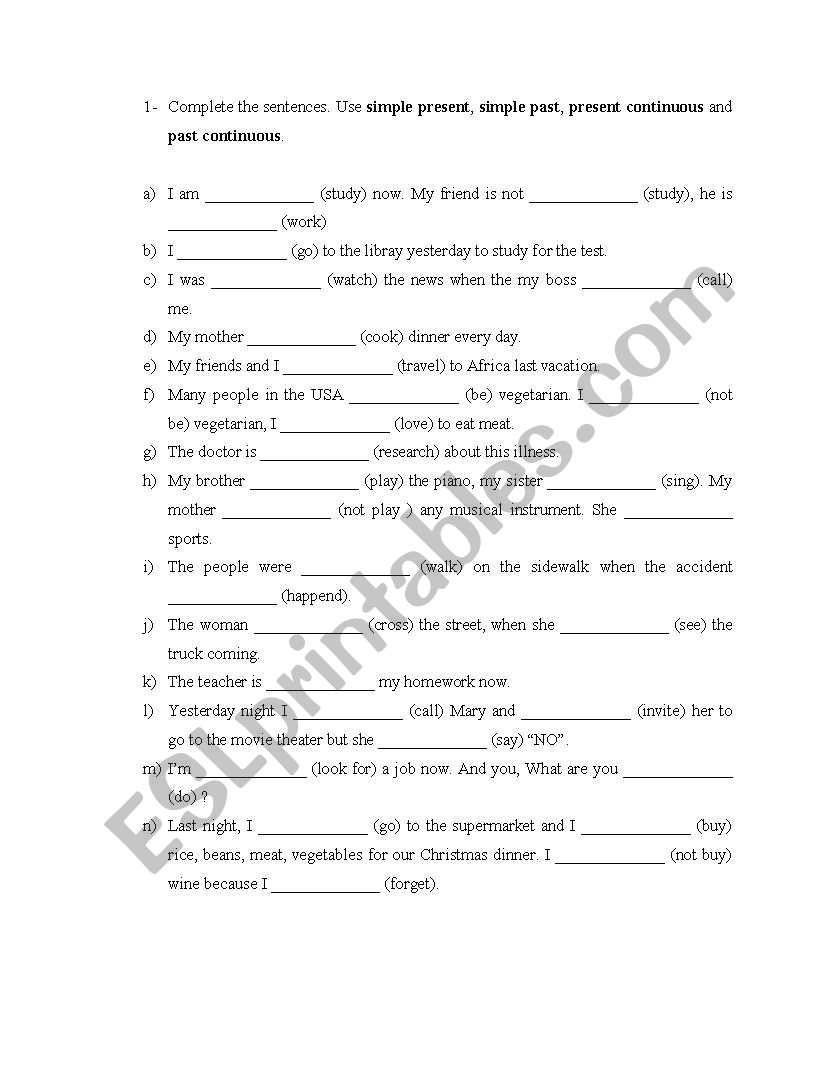 verb tenses review worksheet