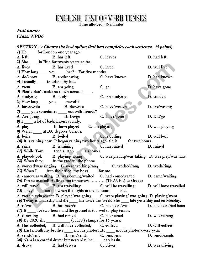 English verb tenses worksheet