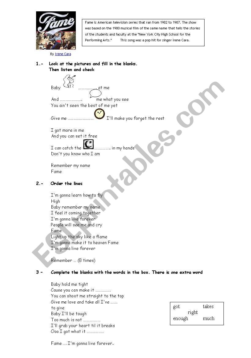 SOng Fame worksheet