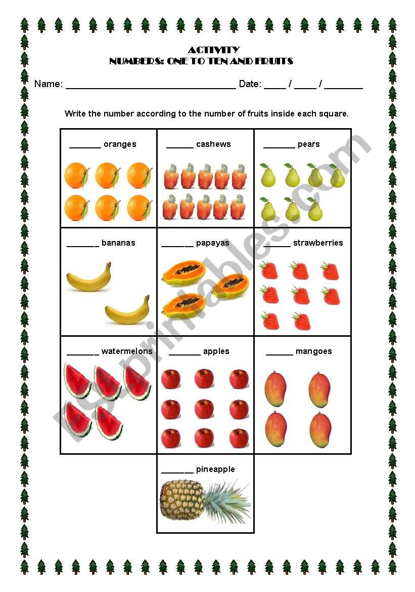 Numbers and fruits worksheet